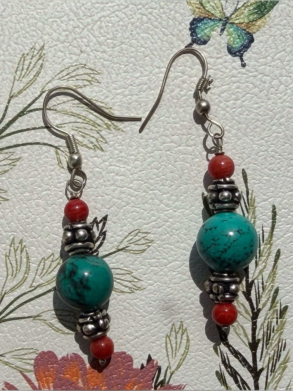 Turquoise and Coral Tibetan & Himalayan Beaded Dangle Earrings